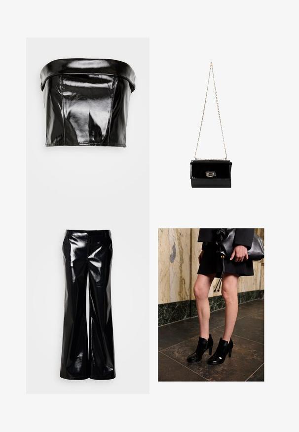 Gina Tricot TUBE - Top - black; Sorte bukser med vide ben lavet af blankt, glinsende materiale; har en glat tekstur og en skræddersyet talje uden synlige lukninger eller pynt.; Kvinde iført sorte ankelstøvler og en sort nederdel, der holder en stor sort læder clutch, står på en mørk flisebelagt gulv nær en marmormur.; Sort patentlæder håndtaske med en guldkæde-strop, rektangulær form, med en frontklaplukning og et metallisk logo-accent.