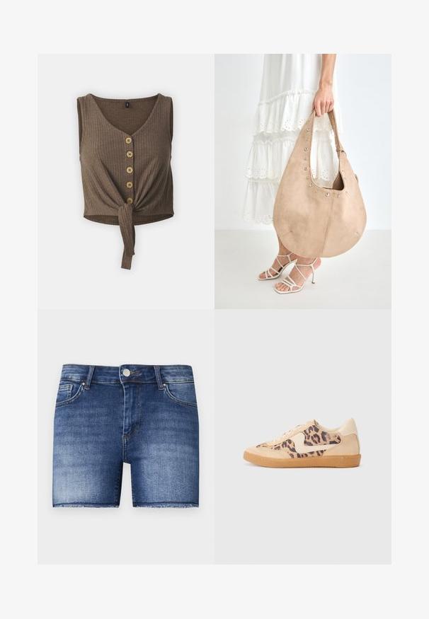 Bruine geribde crop top met een V-halslijn, een knoopdetail aan de voorkant en vijf houten knoopaccenten in het midden. Zachte textuur.; Denim shorts in een middelblauwe wassing met een rechte snit. Heeft vervaagde gedeelten, een voorzak en een onafgewerkte zoom aan de onderkant.; Luipaardprint sneakers met een beige suède bovenkant, tan rubberen zool en witte accenten. Ronde neus en vetersluiting met een gestructureerde afwerking.; Donkerbeige suède hobo-tas met zilverkleurige studs langs de bovenrand, met een afgeronde vorm en een enkele band, gedragen door een persoon.