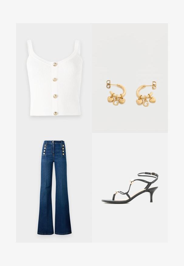 Top de tanque de punto blanco con canalé que presenta un escote redondeado y cinco botones dorados en el centro. Textura suave con tirantes finos.; Jeans de talle alto y corte acampanado en denim azul oscuro, con acentos de botones dorados en los lados y una textura suave.; Sandalia negra con tiras, tacón medio, cuentas doradas de acento y una correa en el tobillo con hebilla sobre fondo blanco.; Pendientes de aro dorados con tres colgantes cada uno: dos corazones grabados con "GUESS" y un colgante con la letra "G" en el centro.