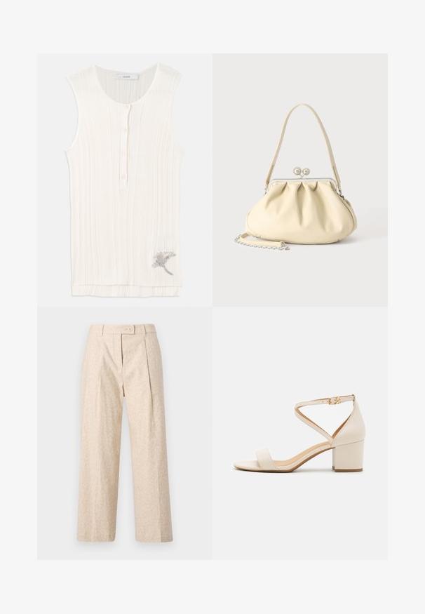 Αμάνικο ριμπ μπλουζάκι σε off-white ύφασμα, με κουμπωτή μπροστινή όψη και μεταλλικά κεντήματα λουλουδιών στο στρίφωμα.; Μπεζ παντελόνια ψηλόμεσα με διακριτικό ζωικό τύπωμα, ευθείες φαρδιές μπότες, πιέτα στο μπροστινό μέρος, θηλιές για ζώνη και κλείσιμο με κουμπί.; Μπεζ σανδάλια με block τακούνι που διαθέτουν μινιμαλιστικό σχέδιο, ανοιχτή μύτη και ρυθμιζόμενο λουράκι στον αστράγαλο με λεπτομέρεια από χρυσό κούμπωμα. Λείο υλικό.; Τσάντα από μαλακό δέρμα σε μπεζ απόχρωση με σούρες, ασημένιο κούμπωμα με πλαίσιο, κοντή λαβή και αποσπώμενο αλυσίδα.