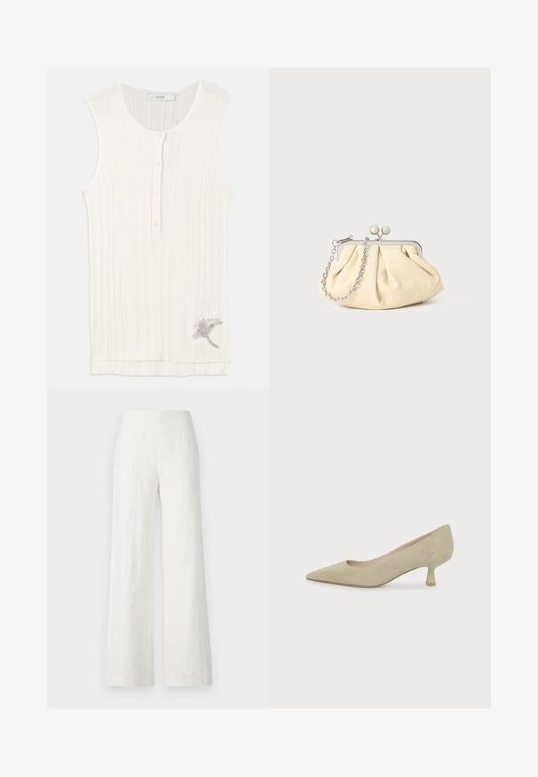 Mouwloze, geribbelde tanktop in off-white stof, met een knoopsluiting aan de voorkant en metallic bloemborduurwerk aan de onderrand.; Witte linnen broek met wijde pijpen, een zachte textuur en een hoge taille. Heeft een eenvoudige en strakke silhouet zonder versieringen.; Beige suède pumps met een puntige neus en een lage, smalle hak op een effen witte achtergrond.; Geplooide beige leren clutch met een zilveren metalen frame, voorzien van twee ronde decoratieve sluitingen en een zilveren kettingriem.