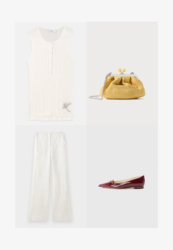 Ärmelloses, geripptes Tanktop aus Off-White-Stoff, mit geknöpftem Vorderteil und metallischen Blumenstickereien am Saum.; Weite Leinenhose in Off-White, mit glatter Textur, vorderen Falten und Seitentaschen. Einfaches, schmuckloses Design.; Burgunderfarbene Lacklederballerinas mit spitzem Zehenbereich, ausgestattet mit einem kleinen Ausschnitt und einem niedrigen Absatz. Glatte Textur und elegantes Design.; Kleine gelbe gewebte Handtasche mit silbernem Rahmen, zwei gelben Kugelverschlüssen und einem silbernen Kettenriemen auf weißem Hintergrund.