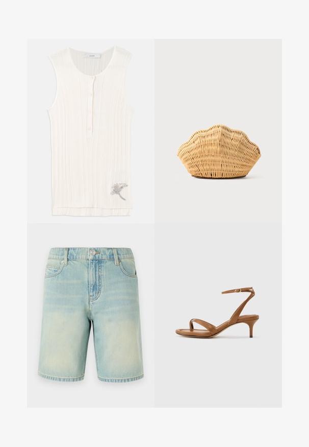 Mouwloze, geribbelde tanktop in off-white stof, met een knoopsluiting aan de voorkant en metallic bloemborduurwerk aan de onderrand.; Lichtblauwe denim shorts met een vervaagde afwerking, voorzien van een vijf-pocket design, zichtbare stiksels en een metalen knoopsluiting bij de tailleband.; Bruine leren sandaal met bandjes, een lage kittenhak en een enkelriempje met een kleine gesp, zijaanzicht tegen een effen achtergrond.; Geweven rotan handtas in de vorm van een sint-jakobsschelp met natuurlijke lichtbruine kleur en afgeronde, gestructureerde randen.