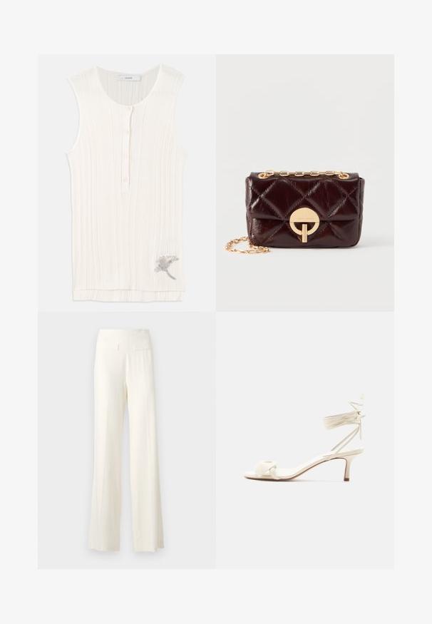 Ermeløs, ribbet tanktop i off-white stof, med knaplukning foran og metallisk blomsterbroderi ved kanten.; Hvide bukser med vidde i stoffet med tekstur, der har subtile lodrette striber og to baglommer.; Kremfarvet sandal med lave hæle, bindebånd om anklen og en bred snoet rem over tæerne på en ensartet hvid baggrund.; Mørkebrun quiltet læder crossbody-taske med guld cirkulær lukning og matchende kædestrop, sat mod en ensfarvet hvid baggrund.