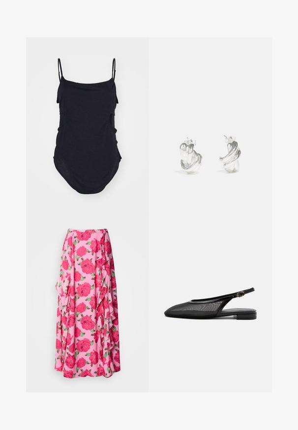 Sort ærmeløs top med tynde stropper, lavet af blødt stof. Har draperede sider og en afrundet kant for en afslappet pasform.; Blomster-maxi nederdel i lyserødt stof med store, levende røde roser og grønne blade. Har flæser langs siden for ekstra tekstur.; Sort slingback flad sko med spids tå, mesh overdel, justerbar spænde rem og lav stablet hæl på hvid baggrund.; Sølvøreringe med et snoet, flydende design og en glansfuld finish, inklusive stift-lukninger for sikker bæring.