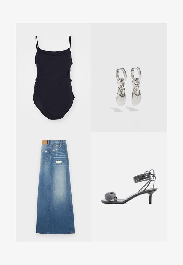 Must have õhuke rihmadega must ilma varrukateta topp, mis on valmistatud pehmest kangast. Omab voolavaid külgi ja ümmargust ääreosa, mis tagab mugava istuvuse.; Heledsinine denim maxi seelik kõrge vöökoht, kulumiste efektiga, taskutega ja sirge siluetiga, valmistatud puuvillast kangast.; Hallid nahast kontsakingaga sandaalid, mille varvaste kohal on sõlmitud rihm ja õhuke pahkluu ümber mähitud paelad, keskmise kõrgusega kitsal kontsal, valgel taustal.; Hõbedased rõngaskõrvarõngad piklike ovaalsete linkidega, millel on poleeritud viimistlus ja tekstureeritud ripats. Lihtne disain sujuvate servadega.