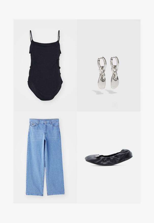 Haut sans manches noir avec des bretelles fines, fabriqué en tissu doux. Présente des côtés drapés et un ourlet arrondi pour un ajustement décontracté.; Jean large bleu clair en denim, avec un design classique à cinq poches et une fermeture à bouton. Texture lisse, ourlet effiloché.; Chaussure plate en cuir noir avec un bout arrondi et un design froncé le long de l'ouverture. Présente un détail discret en métal argenté sur le devant.; Boucles d'oreilles en argent avec des maillons ovales allongés, présentant une finition polie et un pendentif tombant texturé. Design simple avec des bords lisses.