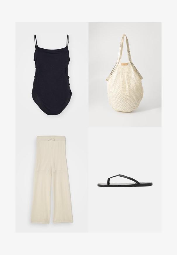 Zwarte mouwloze top met dunne bandjes, gemaakt van zachte stof. Heeft gedrapeerde zijkanten en een ronde zoom voor een ontspannen pasvorm.; Lichtbeige, mesh wijdbenige broek met een trekkoord in de taille, met een losse pasvorm en een textuur. Geschikt voor casual draag.; Zwarte teenslippers met een minimalistisch ontwerp, voorzien van dunne banden en een platte zool. Het materiaal lijkt op plastic met een gladde textuur.; Crèmekleurige netten tas met een gestructureerd geweven ontwerp en glanzende goudkleurige banden. Een leren label met het merkembleem is aan de bovenkant bevestigd.