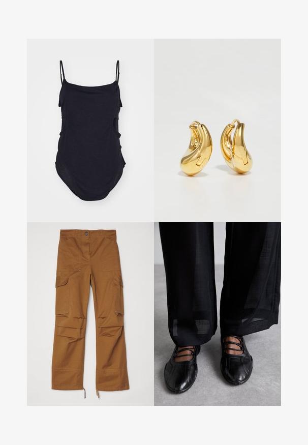 Haut sans manches noir avec des bretelles fines, fabriqué en tissu doux. Présente des côtés drapés et un ourlet arrondi pour un ajustement décontracté.; Pantalons cargo marron avec une coupe droite, plusieurs poches et des accents zippés au bas. Fabriqués en tissu durable.; MIISTA AVERIE - Babies - black; Boucles d'oreilles en or en forme de d'anneaux lisses et courbés avec une finition polie. Équipées d'un mécanisme de fermeture et de légères indentations pour le détail.