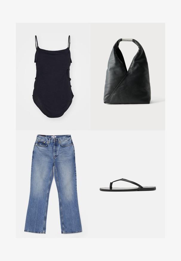 Zwarte mouwloze top met dunne bandjes, gemaakt van zachte stof. Heeft gedrapeerde zijkanten en een ronde zoom voor een ontspannen pasvorm.; RE/DONE LOOSE - Bootcut jeans - hacienda; Zwarte teenslippers met een minimalistisch ontwerp, voorzien van dunne banden en een platte zool. Het materiaal lijkt op plastic met een gladde textuur.; Zwarte leren handtas met een zachte driehoekige vorm en een zilverkleurige metalen sluiting op een effen witte achtergrond.
