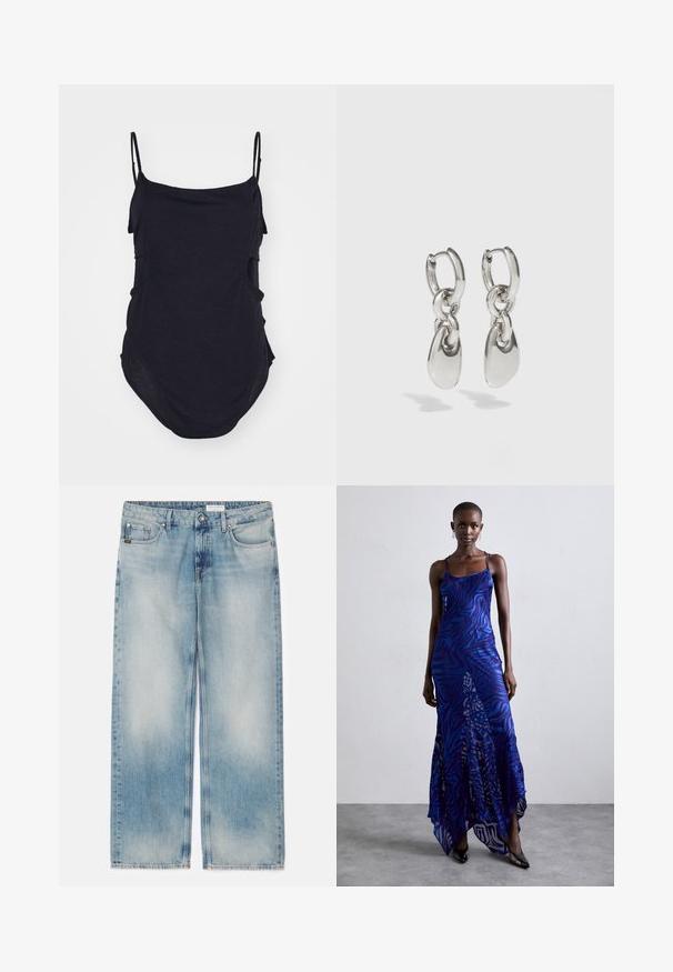 Schwarzes ärmelloses Top mit dünnen Trägern, aus weichem Stoff gefertigt. Mit drapierten Seiten und einem abgerundeten Saum für eine lockere Passform.; Hellblaue Denim-Jeans im weit geschnittenen Stil mit einem verwaschenen Design, fünf Taschen und einem Knopfverschluss. Gerade geschnitten mit ausgefranstem Saumdetail.; Maxikleid im blauen und lila Tiermuster mit dünnen Trägern, einem taillierten Oberteil, ausgestelltem Saum und transparenten Überlagerungen.; Silberne Creolen mit verlängerten ovalen Gliedern, die eine polierte Oberfläche und einen strukturierten Anhänger aufweisen. Einfaches Design mit glatten Kanten.