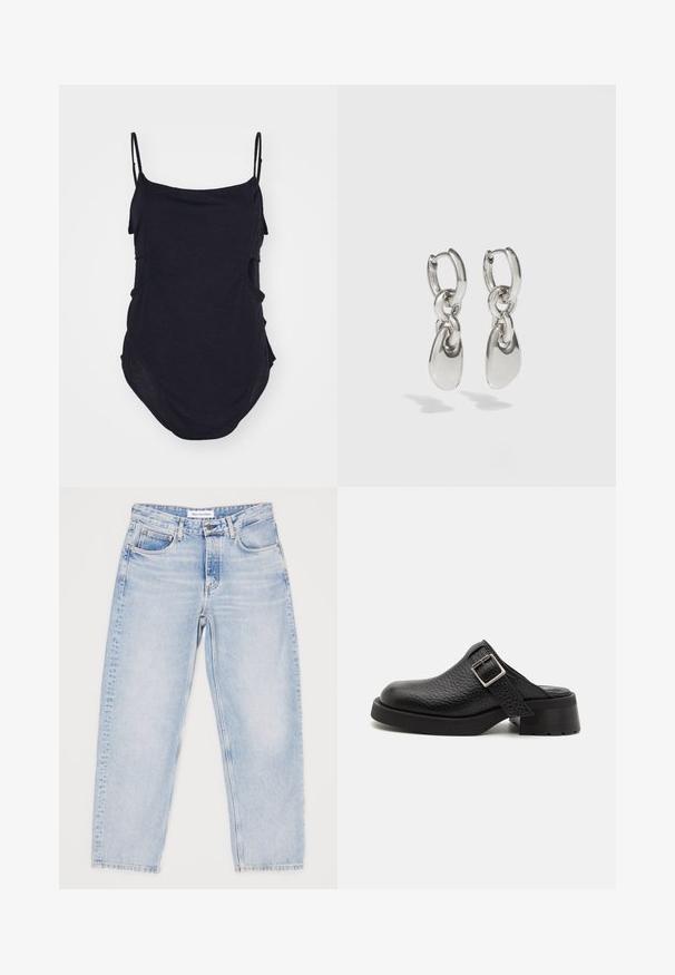 Sort ærmeløs top med tynde stropper, lavet af blødt stof. Har draperede sider og en afrundet kant for en afslappet pasform.; Lyseblå denimjeans med en afslappet pasform, fem lommer og lige ben. Begyndende slid, øverste knap og lynlåslukning.; Sorte lædertræsko med en tekstureret overflade, justerbar spændebånd og en kraftig hæl. Glat, afrundet tådesign med en solid sort sål.; Sølvøreringe med forlængede ovale led, der har en poleret overflade og en struktureret dråpevedhæng. Enkel design med glatte kanter.