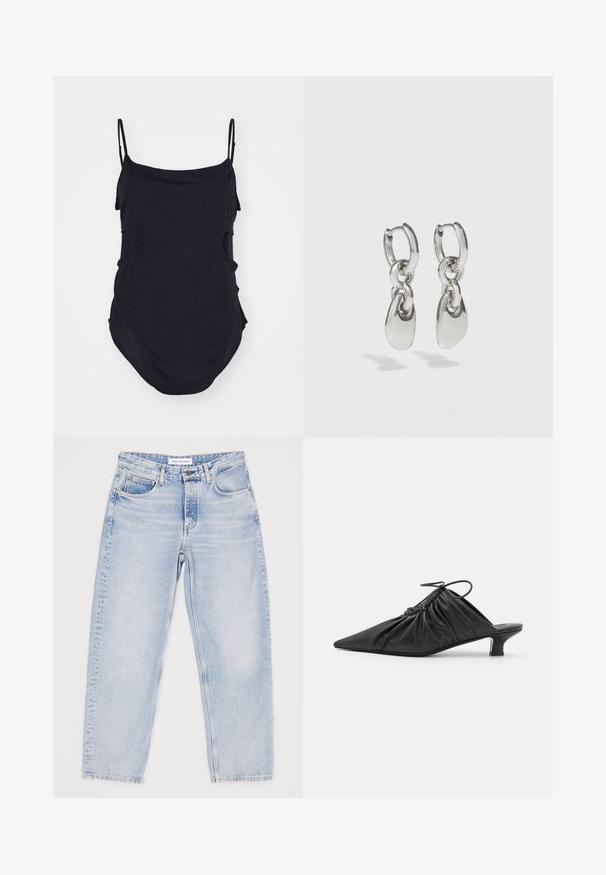 Sort ærmeløs top med tynde stropper, lavet af blødt stof. Har draperede sider og en afrundet kant for en afslappet pasform.; Lyseblå denimjeans med en afslappet pasform, fem lommer og lige ben. Begyndende slid, øverste knap og lynlåslukning.; Sorte læder slip-on mules med spids tå, samlet tekstur og en lille kitten heel. Har en snor-detalje ved åbningen.; Sølvøreringe med forlængede ovale led, der har en poleret overflade og en struktureret dråpevedhæng. Enkel design med glatte kanter.