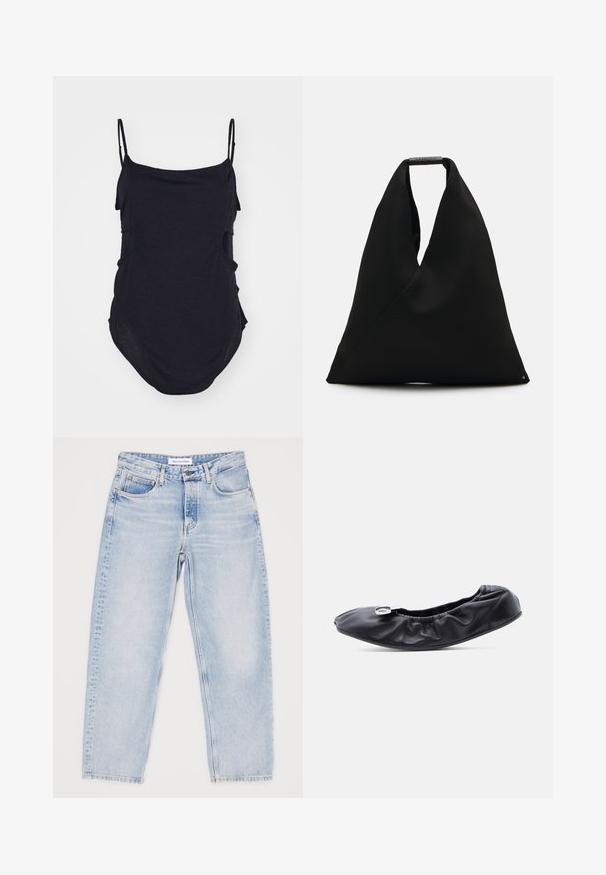 Haut sans manches noir avec des bretelles fines, fabriqué en tissu doux. Présente des côtés drapés et un ourlet arrondi pour un ajustement décontracté.; Jean en denim bleu clair avec une coupe décontractée, cinq poches et un design à jambes droites. Texture délavée, bouton supérieur et fermeture éclair.; Chaussure plate en cuir noir avec un bout arrondi et un design froncé le long de l'ouverture. Présente un détail discret en métal argenté sur le devant.; Sac fourre-tout en tissu noir avec un design en V unique et une texture lisse. Doté d'une courte poignée avec un détail matériel minimaliste.