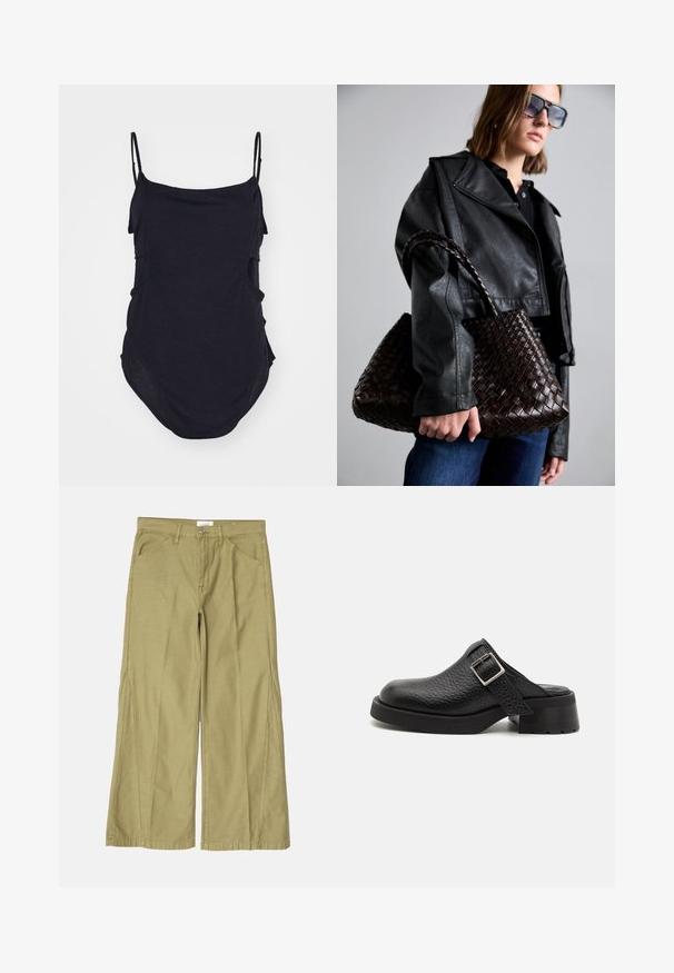 Haut sans manches noir avec des bretelles fines, fabriqué en tissu doux. Présente des côtés drapés et un ourlet arrondi pour un ajustement décontracté.; Pantalons larges en coton vert olive clair, avec une fermeture éclair, des poches avant et des coutures décoratives le long des coutures.; Sabots en cuir noir avec une finition texturée, bride à boucle réglable et un talon épais. Design de la pointe lisse et arrondie avec une semelle noire solide.; DRAGON DIFFUSION SANTA CROCE BIG - Sac à main - dark brown