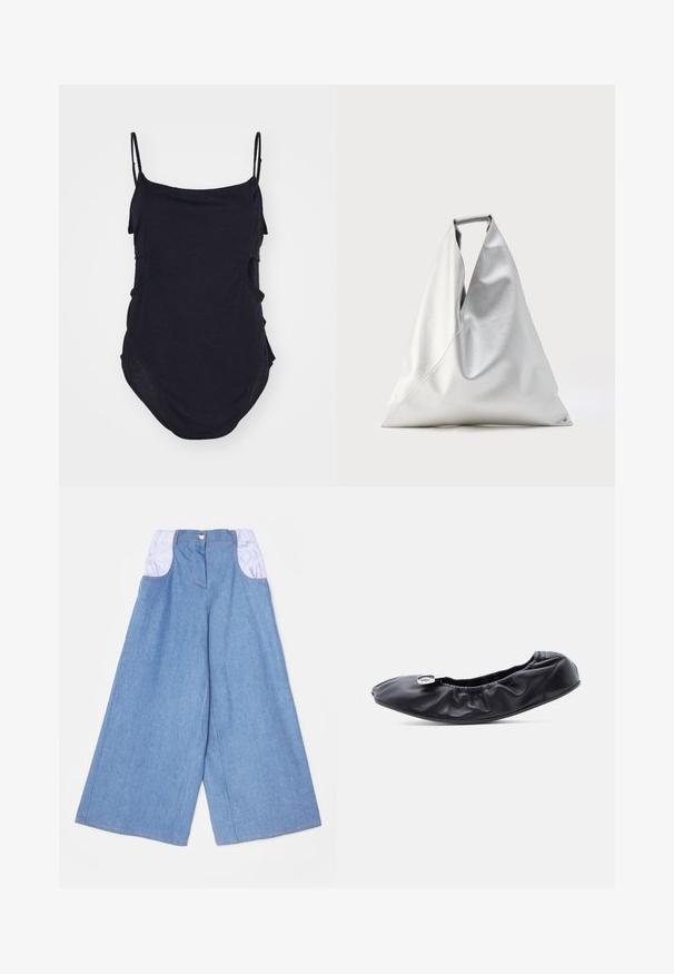Haut sans manches noir avec des bretelles fines, fabriqué en tissu doux. Présente des côtés drapés et un ourlet arrondi pour un ajustement décontracté.; Pantalons en denim à jambes larges bleu clair avec des poches élastiques violet clair contrastées. Présente une fermeture à bouton sur le devant et des coutures visibles.; Chaussure plate en cuir noir avec un bout arrondi et un design froncé le long de l'ouverture. Présente un détail discret en métal argenté sur le devant.; Grand sac fourre-tout argenté de forme triangulaire avec une texture en cuir souple, debout verticalement avec une poignée supérieure visible sur un fond uni.