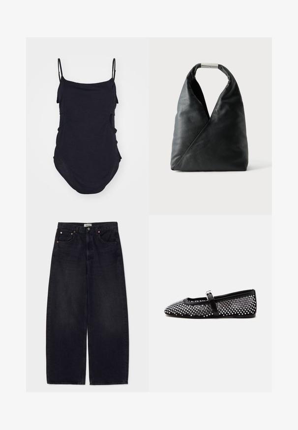 Haut sans manches noir avec des bretelles fines, fabriqué en tissu doux. Présente des côtés drapés et un ourlet arrondi pour un ajustement décontracté.; Jean en denim noir à jambes larges avec des boutons cuivrés, deux poches avant et une texture lisse. Design épuré avec une coupe droite.; Chaussure plate Mary Jane noire avec des clous ronds argentés couvrant la tige et une fine bride avec une petite boucle argentée.; Sac à main en cuir noir avec une forme triangulaire douce et une poignée à fermoir métallique argenté sur fond blanc uni.
