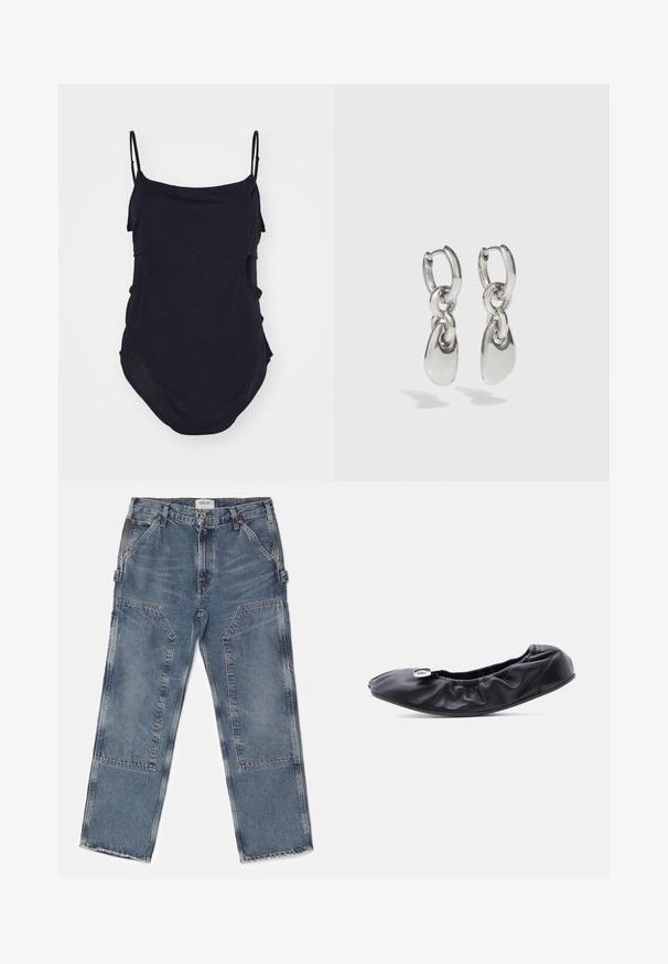 Haut sans manches noir avec des bretelles fines, fabriqué en tissu doux. Présente des côtés drapés et un ourlet arrondi pour un ajustement décontracté.; Agolde RAMI CARPENTER - Jean boyfriend - repetition; Chaussure plate en cuir noir avec un bout arrondi et un design froncé le long de l'ouverture. Présente un détail discret en métal argenté sur le devant.; Boucles d'oreilles en argent avec des maillons ovales allongés, présentant une finition polie et un pendentif tombant texturé. Design simple avec des bords lisses.