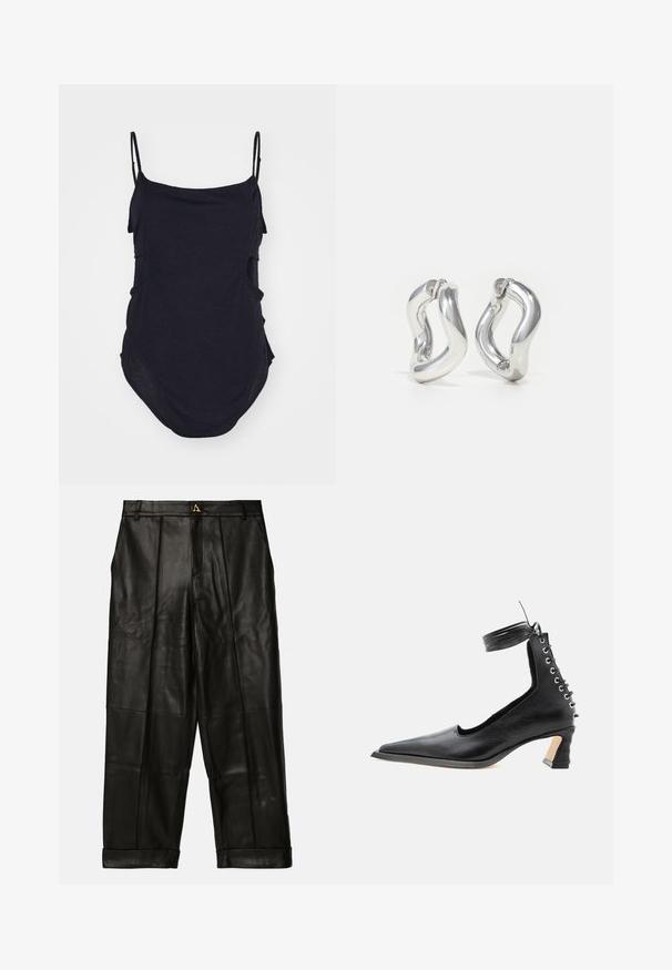 Sort ærmeløs top med tynde stropper, lavet af blødt stof. Har draperede sider og en afrundet kant for en afslappet pasform.; AERON ZIMA PANTS - Skindbukser - black; Sort lavhælet lædersko med spids tå, snøredetalje bagpå og ankelrem mod en ensartet hvid baggrund.; Sølv øreringe i hoop-design med snoet mønster. Runde kanter og blank finish. Åbne lukninger for nem brug. Glat tekstur over det hele.