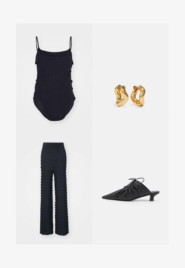 Haut sans manches noir avec des bretelles fines, fabriqué en tissu doux. Présente des côtés drapés et un ourlet arrondi pour un ajustement décontracté.; Pantalons à jambes larges en tissu gris foncé présentant un motif texturé en vagues, taille haute, et une finition lisse avec une silhouette structurée.; Mules noirs en cuir à enfiler avec un bout pointu, une texture froncée et un petit talon aiguille. Présente un détail à cordon au niveau de l'ouverture.; Boucles d'oreilles en forme de créoles dorées avec un design ondulé, présentant une surface lisse et brillante ainsi qu'une forme élégante. Sans fermoirs visibles.
