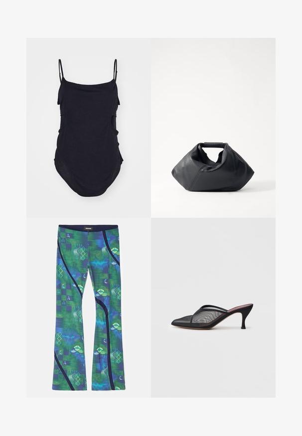 Sort ærmeløs top med tynde stropper, lavet af blødt stof. Har draperede sider og en afrundet kant for en afslappet pasform.; Leggings lavet af multicolor strækstof med grønne og blå mønstre, der har geometriske former og mørkeblå accenter langs siderne.; Sort mesh mule med spids tå, tynde stropper og 3-tommer stiletto hæl. Har en gennemsigtig struktur og en ensfarvet sål.; Sort lædertaske med en struktureret overflade, unik krøllet form og et kort håndtag. Har et enkelt hovedrum.
