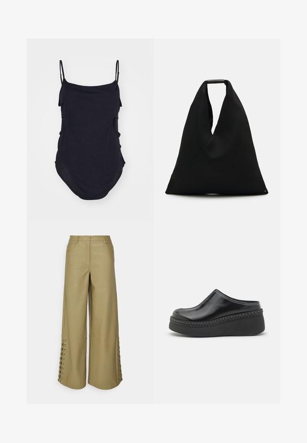 Haut sans manches noir avec des bretelles fines, fabriqué en tissu doux. Présente des côtés drapés et un ourlet arrondi pour un ajustement décontracté.; Pantalons à jambe large en simili cuir vert olive, avec un détail de lacets le long des coutures latérales et poches avant. Texture lisse et coupe ajustée.; Sabots à plateforme noirs brillants avec un orteil arrondi, un dessus arrondi et des coutures blanches contrastantes le long du bord de la semelle.; Sac fourre-tout en tissu noir avec un design en V unique et une texture lisse. Doté d'une courte poignée avec un détail matériel minimaliste.