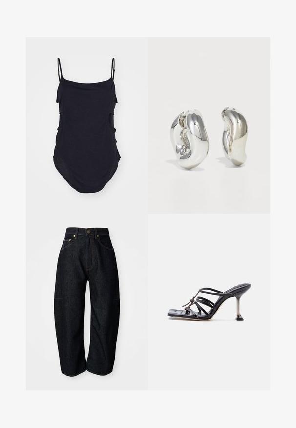 Sort ærmeløs top med tynde stropper, lavet af blødt stof. Har draperede sider og en afrundet kant for en afslappet pasform.; Mørke denim jeans med en afslappet pasform, der har diskret orange syninger, forlommer og en flad talje med en knaplukning.; Sort højhælet sandal med stropper, firkantet tå og tynd stilet hæl, med overlappende stropper og en knudedetalje på overdelen.; Sølvskulpturelle øreringe med glatte, buede former og reflekterende overflader. Har et lukket hoop-design og en markant organisk form.