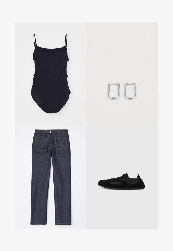 Haut sans manches noir avec des bretelles fines, fabriqué en tissu doux. Présente des côtés drapés et un ourlet arrondi pour un ajustement décontracté.; Jean en denim bleu marine avec une coupe droite, dotés de deux poches arrière et de surpiqûres orange contrastantes.; Baskets légères noires avec accents en daim, cheville élastiquée et semelle fine, présentées en profil latéral sur un fond uni.; Boucles d'oreilles en métal argenté en forme de rectangle avec des bords légèrement arrondis, présentant une texture lisse et un design simple et minimaliste.