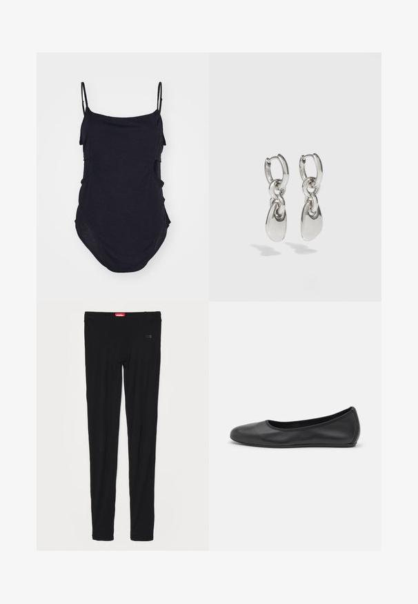 Schwarzes ärmelloses Top mit dünnen Trägern, aus weichem Stoff gefertigt. Mit drapierten Seiten und einem abgerundeten Saum für eine lockere Passform.; Schwarze Leggings aus glattem Stoff, mit einem hohen Bund und dezentem Branding auf der Vorderseite. Die Leggings haben eine schmale, figurbetonte Passform.; Schwarze Leder-Ballettschuhe mit abgerundeter Spitze, glatter Textur, minimalen Nähdetails und einem flexiblen Sohlen-Design.; Silberne Creolen mit verlängerten ovalen Gliedern, die eine polierte Oberfläche und einen strukturierten Anhänger aufweisen. Einfaches Design mit glatten Kanten.