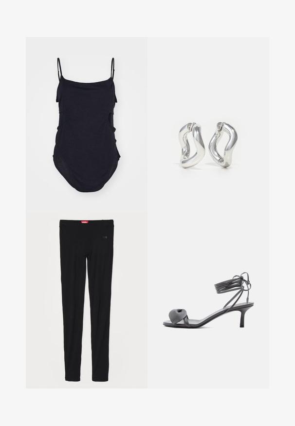 Haut sans manches noir avec des bretelles fines, fabriqué en tissu doux. Présente des côtés drapés et un ourlet arrondi pour un ajustement décontracté.; Leggings noirs en tissu lisse, avec une taille haute et un logo discret à l'avant. Les leggings ont une silhouette slim et ajustée.; Sandale à talon en cuir gris avec une bride nouée sur les orteils et des lacets enroulants autour de la cheville, sur un talon moyen et fin, sur fond blanc.; Boucles d'oreilles créoles argentées avec un design torsadé. Bords arrondis et finition brillante. Fermoirs ouverts pour un port facile. Texture lisse sur toute la surface.
