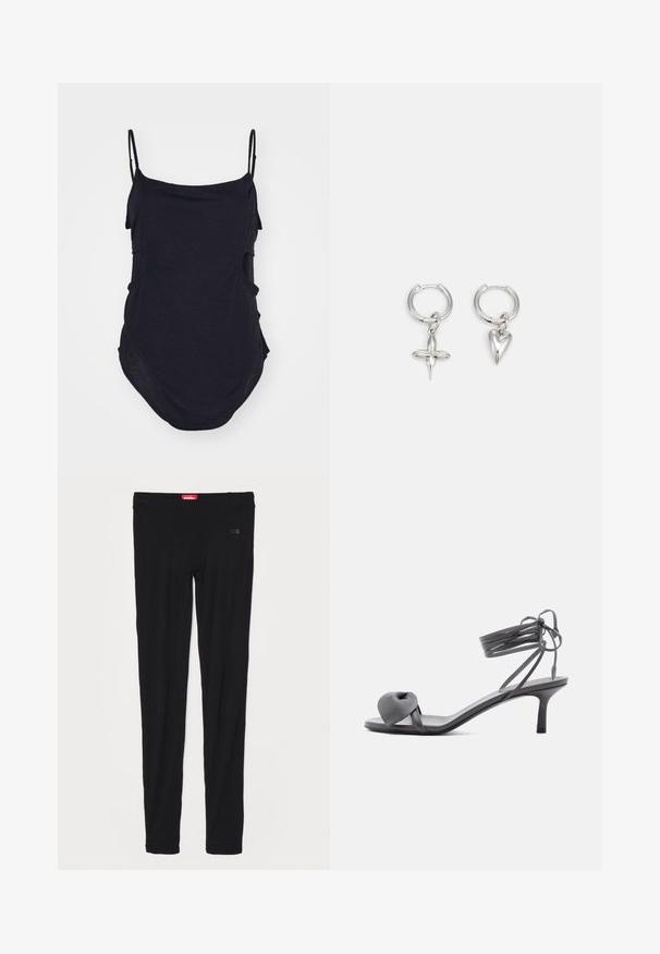 Schwarzes ärmelloses Top mit dünnen Trägern, aus weichem Stoff gefertigt. Mit drapierten Seiten und einem abgerundeten Saum für eine lockere Passform.; Schwarze Leggings aus glattem Stoff, mit einem hohen Bund und dezentem Branding auf der Vorderseite. Die Leggings haben eine schmale, figurbetonte Passform.; Graue Leder-Pumps mit Absatz, verknotetem Riemen über den Zehen und Wickelriemen um den Knöchel auf schlankem, mittelhohem Absatz vor weißem Hintergrund.; Silberne Creolen mit einem Kreuz- und Herz-Anhänger. Glatte, glänzende Textur mit polierter Oberfläche. Jeder Anhänger hängt an einem sicheren Ring.