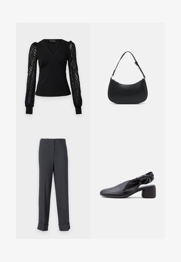 Top negro con escote en V y cuerpo ajustado, con mangas largas transparentes y texturizadas y terminaciones con puños. Tejido suave con detalles fruncidos.; Pantalones grises ajustados hechos de un tejido texturizado, con pierna recta, trabillas para cinturón y dobladillos enrollados para una apariencia estructurada.; Zapato slingback de cuero negro con puntera redondeada, detalle de tira anudada y tacón bajo y grueso sobre fondo blanco.; Pieces PCALUANA SHOULDER BAG - Bolso de mano - black