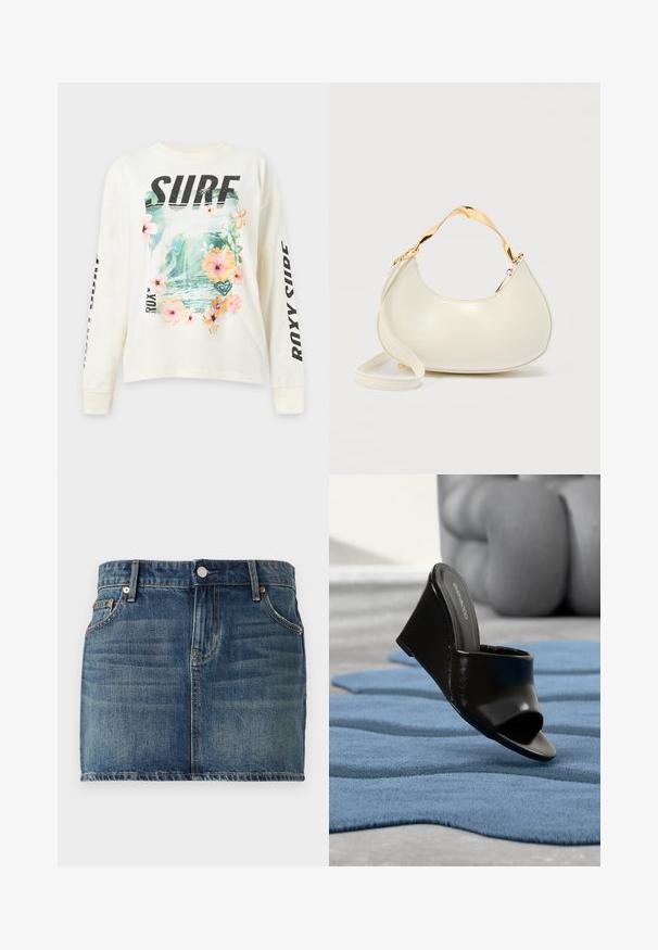 Chemise blanche à manches longues avec le texte "SURF", fleurs tropicales, motif vague océanique sur le devant, et texte "ROXY SURF" sur les manches.; Jupe en denim mini en bleu foncé avec un design à cinq poches, une fermeture à bouton et des accents de couture visibles. Texture lisse avec un léger délavage.; Chaussure mule à talon compensé noir avec bout ouvert sur un tapis bleu texturé, canapé gris flou en arrière-plan.; Sac à main crème en forme de croissant avec poignée courte brillante dorée et bandoulière longue assortie sur un fond clair uni.