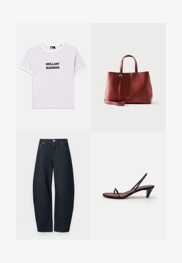 Witte katoenen t-shirt met korte mouwen, ronde hals, en zwarte tekst "BRILLANT MADNESS" op de voorkant, met contrasterende zwarte afwerking.; CLOSED JAZZIE - Relaxed fit jeans - dark blue; Zwarte haksandalen met dunne banden en een kleine decoratieve gesp. De binnenzool heeft een contrasterende bordeauxrode kleur en de hak is slank en conisch.; Bruine leren totebag met dubbele handvatten en verstelbare schouderriem, tegen een effen lichte achtergrond.