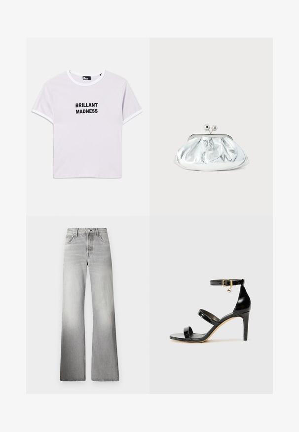 Hvit bomull t-skjorte med korte ermer, rund hals og svart tekst "BRILLANT MADNESS" på forsiden, med kontrastfarget svart kant.; Grå denim vide ben jeans med høy midje, falmet tekstur, fem lommer og glidelås med knappeåpning.; Svart lakk lær sandaler med tre stropper, ankelspenne og 10 cm stiletthæler. Har gullfarge detaljer og logoanheng.; Liten sølvfarget metallisk clutch-veske med avrundet, rynket design og klaffelås med to sølvsfærer.
