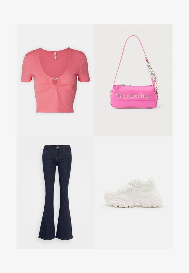 ONLY ONLFREJA LIFE TRIM BOX - T-shirt print - coral paradise; Donkere jeans met flare, een aansluitende taille, een sluiting met een voorbutton, een vijf-pocket ontwerp en naaddetails langs de benen.; Witte chunky sneakers met een textuur bovenwerk, meshpanelen en dikke rubberen zolen met een uitgesproken profiel. Inclusief veters en een aantreklip.; Kleine felroze Juicy Couture-handtas met zilveren kettingdetail en logotekst aan de voorkant, enkele smalle schouderband.