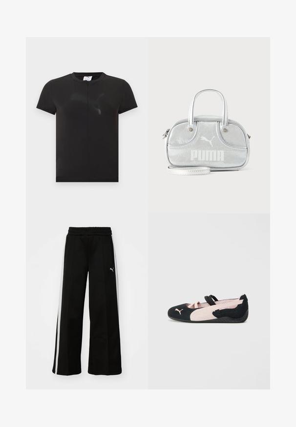 T-shirt de sport noir à manches courtes avec une petite fermeture éclair à l'avant et un logo Puma texturé subtil sur la poitrine.; Pantalons larges noirs avec une taille élastique, des rayures blanches verticales, des poches latérales zippées et un petit logo sur la cuisse.; Ballerines en suède noir et rose clair avec des sangles élastiques, un bout arrondi et une semelle en caoutchouc texturée, arborant un petit logo à l'avant.; Petit sac à main Puma argent métallisé avec deux poignées supérieures, une longue bandoulière, logo sur le devant et fermeture zippée sur fond uni clair.