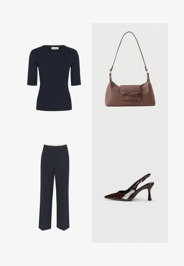 Haut en tricot côtelé bleu marine avec manches courtes, encolure ronde et accents festonnés aux ourlets des manches. Fabriqué dans un matériau doux et extensible.; Pantalons bleu marine avec des rayures verticales blanches, design à jambes larges, tissu lisse, passants de ceinture et pli sur le devant pour un look ajusté.; Talons slingback en cuir verni brun avec un bout pointu, un talon fin, et une sangle réglable avec une petite boucle.; Sac à bandoulière en cuir marron avec une poche à rabat avant ornée d'un détail en forme de nœud cousu et une sangle réglable.