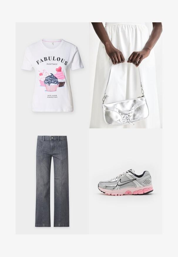 Weißes Kurzarmhemd mit drei illustrierten Cupcakes und dem Text "Fabulous Sweetness Bite-Sized Perfection" auf der Vorderseite.; Straight-leg graue Denim-Jeans mit vorderen Nahtdetails, Gürtelschlaufen und Knopfverschluss vor einem schlichten hellen Hintergrund.; Nike Sportswear ZOOM VOMERO 5 NEWS - Sneaker low - photon dust/metallic silver/pink foam/medium soft pink/wolf grey/black; Silberne metallische Handtasche mit Schnürdetail, die ein elegantes Design und einen kurzen Tragegurt aufweist. Die Tasche wird in den Händen gehalten und zeigt ihre Textur.