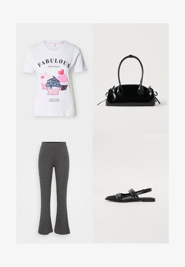 Witte kortemouws shirt met drie geïllustreerde cupcakes en de tekst "Fabulous Sweetness Bite-Sized Perfection" op de voorkant.; Grijze geribbelde gebreide flared broek met een hoge tailleband. Het ontwerp heeft gestructureerde verticale strepen en een comfortabele pasvorm aan de onderkant.; Even&Odd by Zalando Slingback ballerina´s - black; Kleine zwarte glanzende handtas met twee lange hengsels en zijkant trekkoord details op een effen lichte achtergrond.