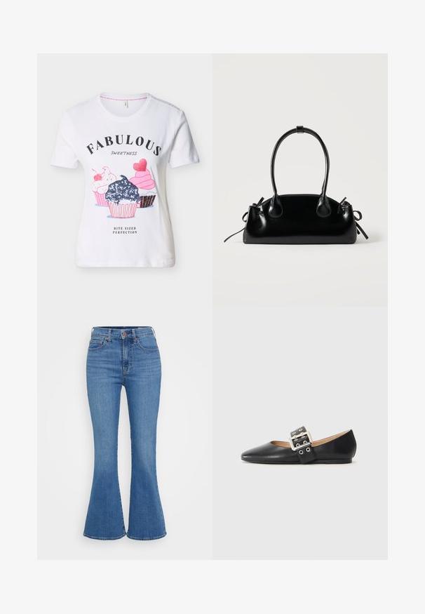 Hvid kortærmet skjorte med tre illustrerede cupcakes og teksten "Fabulous Sweetness Bite-Sized Perfection" på fronten.; Lyseblå klokkeformede jeans med høj talje, lavet af denim. Funktionen inkluderer to forlommer og en knaplukning i taljen.; Sort læder flad sko med spidst tåparti og en dekorativ spænde-rem med sølvfarvet hardware og små udskæringer.; Lille sort blank håndtaske med to lange håndtag og snøre-detaljer i siden på en ensfarvet lys baggrund.