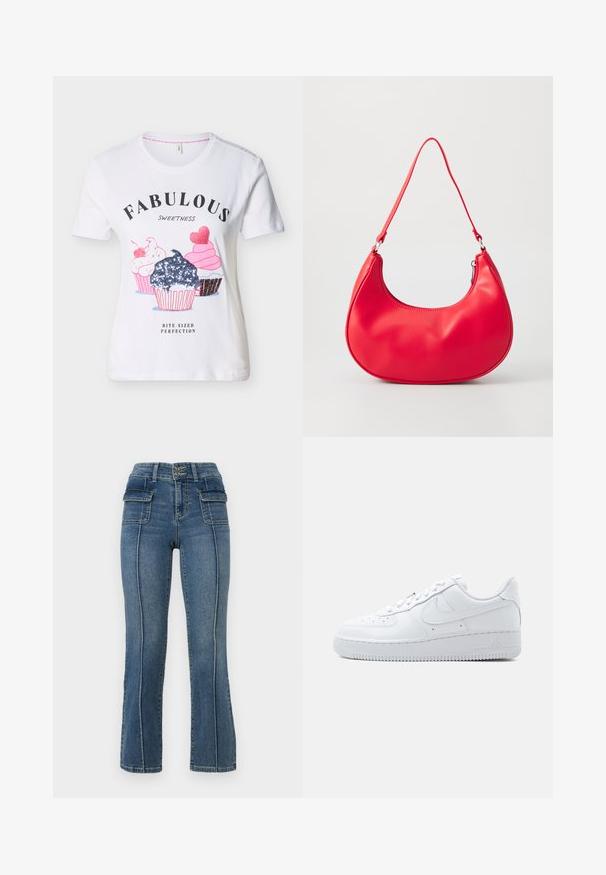 Hvid kortærmet skjorte med tre illustrerede cupcakes og teksten "Fabulous Sweetness Bite-Sized Perfection" på fronten.; ONLY Petite ONLWAUW MID WAIST FLARED - Flared jeans - medium blue denim; Hvid Nike Air Force 1 sneaker med lavt snit, snørelukning, perforeret tåboks og karakteristisk Swoosh-logo på siden.; Rød syntetisk læder skuldertaske med en buet form, slank rem og lynlås lukning. Glat tekstur med synlige syninger.