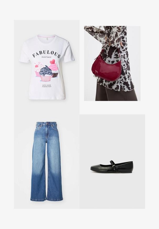 Witte kortemouws shirt met drie geïllustreerde cupcakes en de tekst "Fabulous Sweetness Bite-Sized Perfection" op de voorkant.; Hoge taille wijdbeen blauwe denim jeans met een knoop en rits aan de voorkant en een klassieke vijf-pocket ontwerp.; Zwarte leren balletschoenen met een ronde neus, een platte zool en een dunne verstelbare band over de wreef met een metalen gesp.; Vrouw met een zwart-wit gebloemde blouse houdt een glanzende rode schoudertas vast tegen een effen achtergrond.