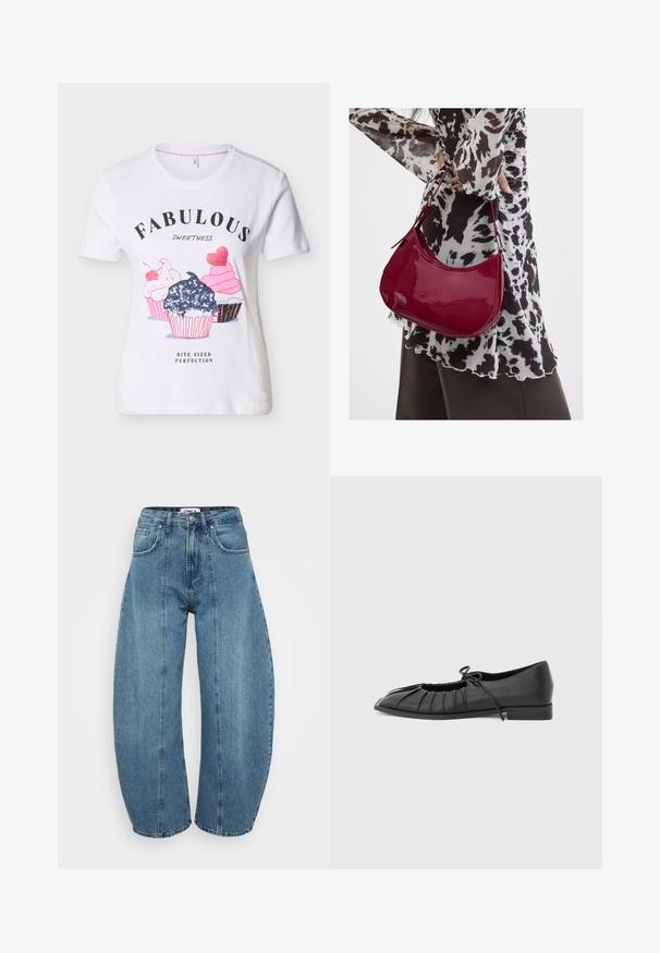 Camiseta blanca de manga corta con tres cupcakes ilustrados y el texto "Dulzura fabulosa, perfección en tamaño bocado" en el frente.; Vaqueros de tiro alto en azul claro, fabricados en denim, con corte de pata ancha, cinco bolsillos y detalles de costura. Textura suave con un acabado limpio.; Zapato plano negro con diseño delantero plisado y un lazo atado en la parte superior, tacón bajo y textura lisa sobre un fondo gris claro.; Mujer con blusa de estampado en blanco y negro sosteniendo un bolso de hombro rojo brillante sobre un fondo liso.