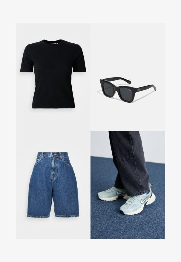Sort ribbet kortærmet t-shirt med rund halsudskæring; har et diskret logo på brystet; lavet af et blødt, struktureret stof.; Denimshorts i mellemblå med høj talje, med fem lommer og lige ben. Tykkere syninger og en opsmøgede kant.; Lyseblå mesh Nike sneakers med struktureret finish, sort swoosh og cremefarvet mellemsål, parret med mørkegrå vide bukser.; Sorte rektangulære solbriller med en glat plastikramme og mørke glas. "QUAY" logo på siden i hvid. Minimalistisk design.