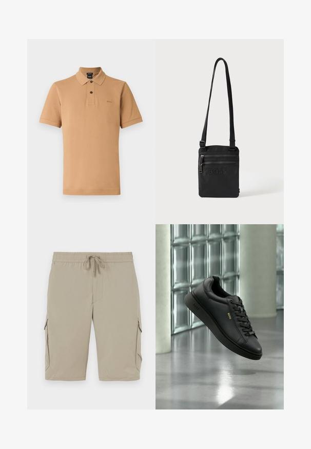 Polo de manga corta tan hecho de tela texturizada, con una tapeta de tres botones, un cuello puntiagudo y un logo sutil en el pecho.; Pantalones cortos cargo beige con cinturilla elástica y cordón. Cuentan con bolsillos laterales y una tela suave y ligera.; Zapatilla BOSS de cuero negro con cordones flotando en el interior frente a una pared de bloques de vidrio y con suelo de hormigón de fondo.; Bolso bandolera negro con dos bolsillos frontales con cremallera y logotipo en relieve "BOSS", con correa de hombro ajustable.