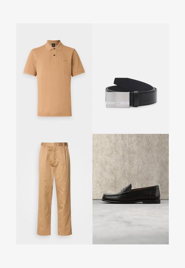 Polo de manga corta tan hecho de tela texturizada, con una tapeta de tres botones, un cuello puntiagudo y un logo sutil en el pecho.; Pantalones caqui, mezcla de algodón, diseño de pierna recta, con pliegues delanteros, trabillas para cinturón y cierre de botón. Textura suave sin patrones.; Mocasín penny de cuero negro con tacón bajo, punta redondeada y detalles cosidos en la parte delantera y los laterales, mostrado sobre un fondo neutro.; Cinturón de cuero negro con hebilla rectangular de metal plateado con un acabado cepillado y un logo grabado, que ofrece un diseño elegante y moderno.