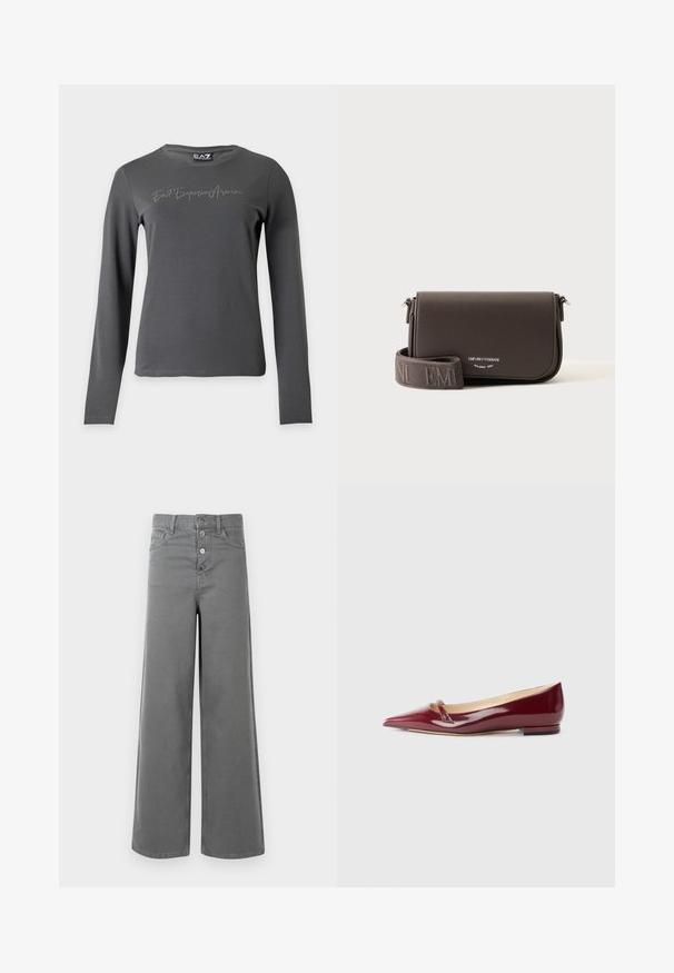 Chemise à manches longues gris foncé avec « Ea7 Emporio Armani » écrit en petits strass sur la poitrine et un col rond.; Pantalons larges gris à taille haute, avec quatre boutons sur le devant, passants de ceinture et poches avant, présentés sur un fond blanc.; Ballerines en cuir verni bordeaux avec un bout pointu, présentant un petit détail découpé et un petit talon. Texture lisse et design épuré.; Sac bandoulière en cuir marron foncé texturé avec une large sangle en tissu embossée de lettres et un petit logo argenté indiquant Emporio Armani Milano 1981.