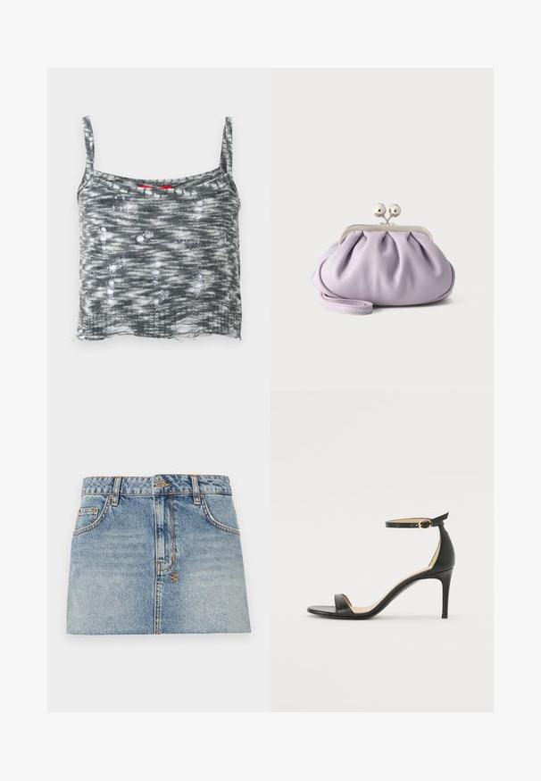 Top court en tricot gris avec des fines bretelles, présentant un design distendu avec plusieurs trous et un ourlet lâche. Accent rouge au niveau du col.; Jupe mini en denim bleu clair avec une taille ajustée, fermeture à boutons à l'avant et deux poches latérales. Présente des ourlets bruts et des détails de couture contrastante.; Sandale à talons hauts en cuir noir avec une lanière de cheville. Présente une texture lisse, un bout ouvert et un talon fin. Détail de boucle en ton doré.; Pochette lavande douce avec tissu froncé, fermoir kiss-lock argenté et bracelet assorti sur un fond clair uni.