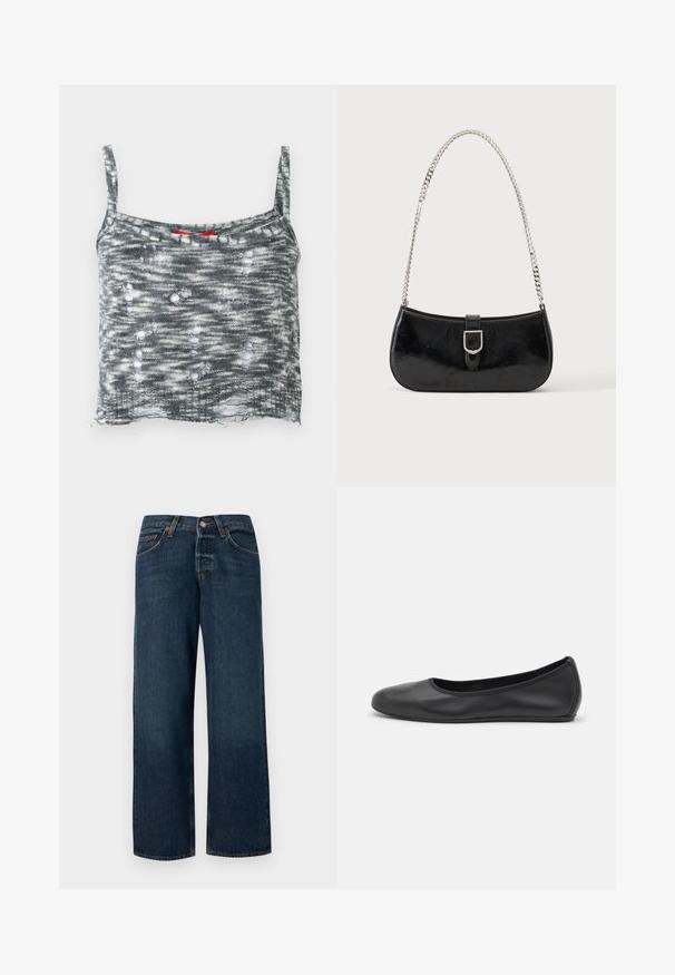 Grijze gebreide cropped tanktop met dunne dikkers, met een versleten ontwerp met meerdere gaten en een losse zoom. Rode accent bij de halslijn.; Donkerblauwe denim jeans met een rechte snit, vijf zakken en metalen hardware. Heeft een lichte vervaging en een schone zoom.; Zwarte leren ballerina met een ronde neus, gladde textuur, minimale stikdetails en een flexibele zoolontwerp.; Zwarte lakleren schoudertas met een zilveren gespdetail en een zilveren kettingriem, getoond tegen een effen lichte achtergrond.